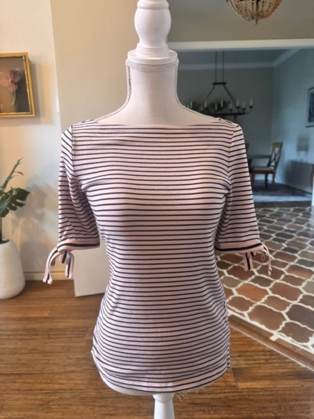 Lauren Ralph Lauren Striped Boatneck Cuff Tee Top Pink Black Size Small